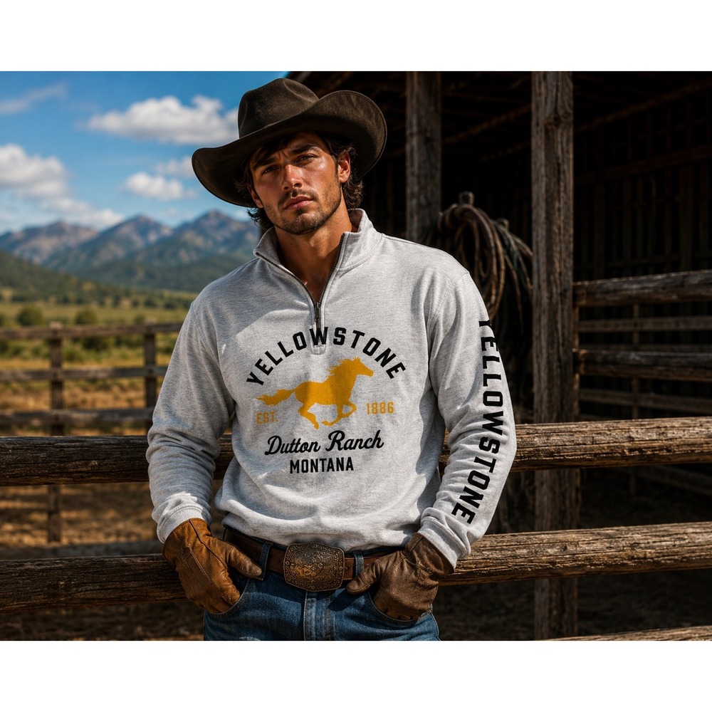 Yellowstone Dutton Ranch Montana Quarter Zip‎ Pullover Gray Mens Small NEW